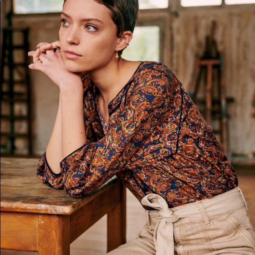 Sezane Paisley Blouse in Navy and Orange - Picture 2 of 7